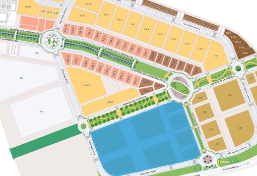 Plano del polígono industrial El Esparragal, en la localidad sevillana de Guillena, y en azul la parcela de unos 130.000 metros cuadrados que ocupará la plataforma logística del Grupo MAS