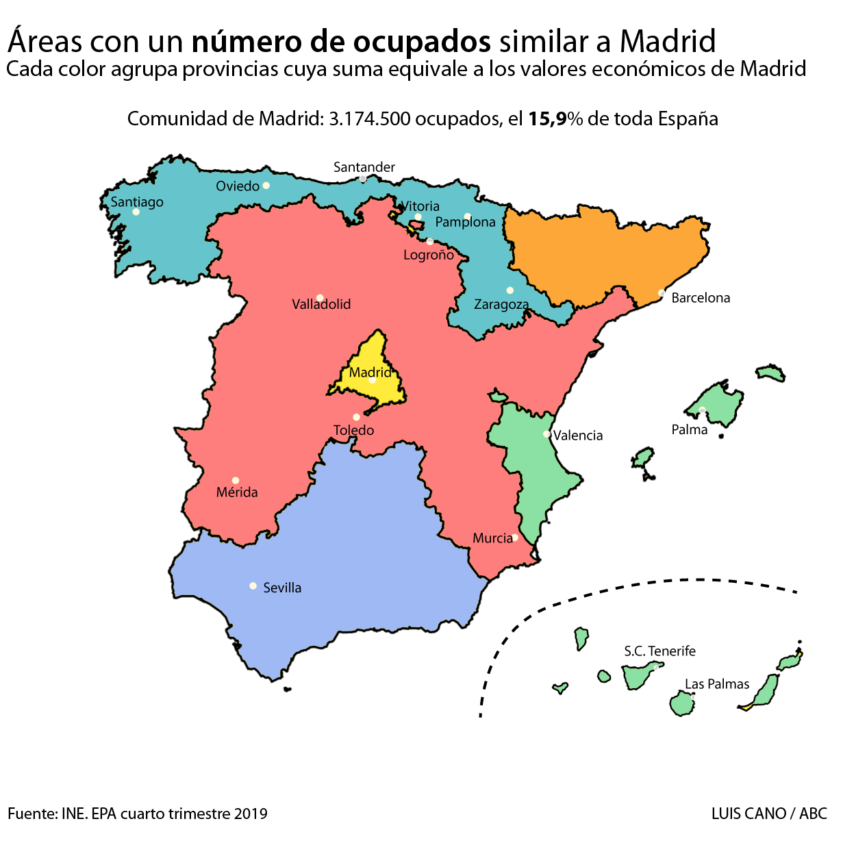 Así sería España dividida en áreas equivalentes al peso económico de Madrid