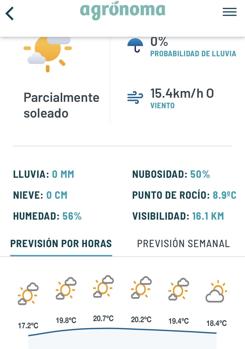 Detalle de previsión meteorológica en el área privada de «Mi Agrónoma»