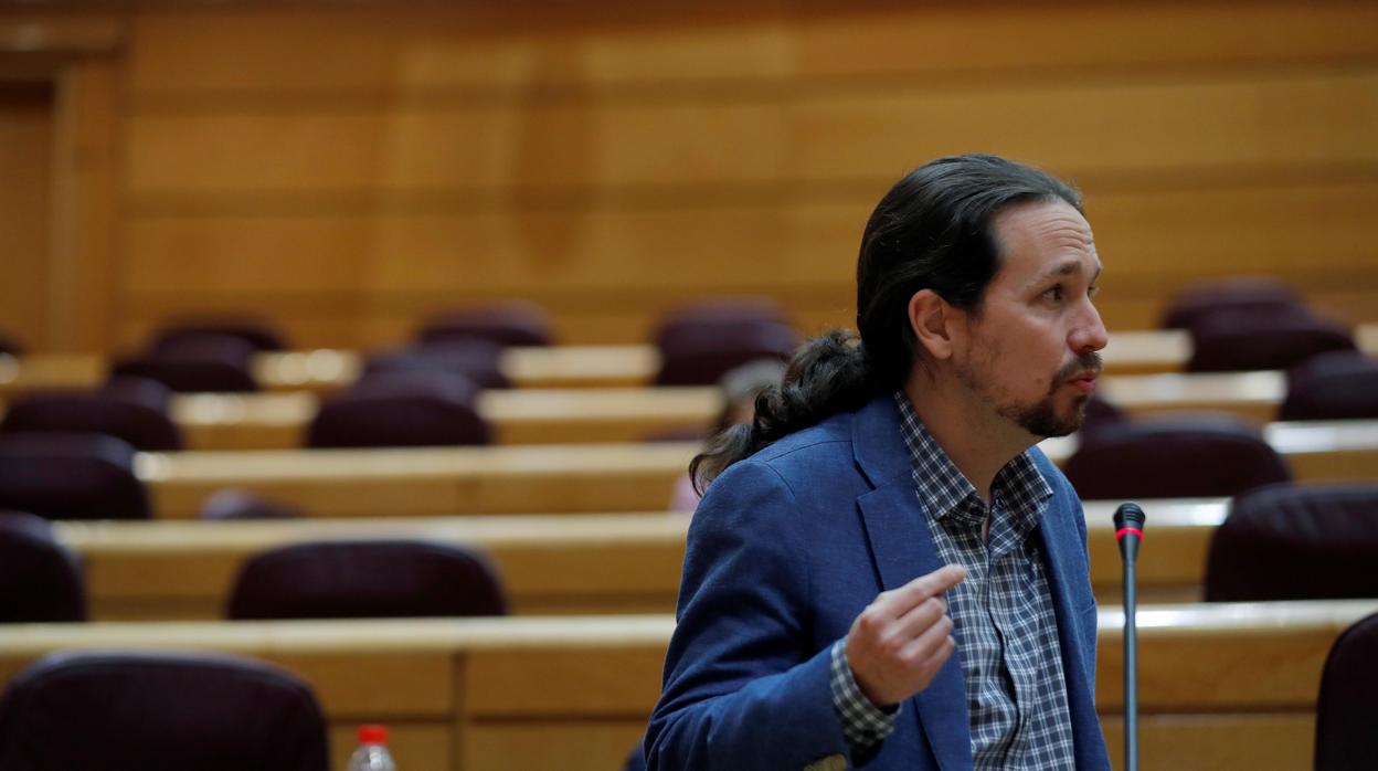 El vicepresidente segundo y ministro de Derechos Sociales y Agenda 2030, Pablo Iglesias, durante la sesión de control al Gobierno en el Senado, este martes en Madrid