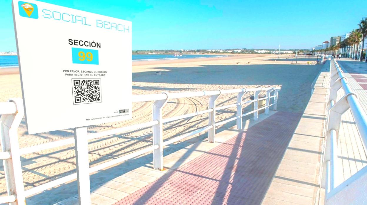 Recreación virtual de cómo se anunciaría en una playa la aplicación de control de aforo Social Beach, creada por Soltel y cuya contratación ya negocian varios ayuntamientos andaluces