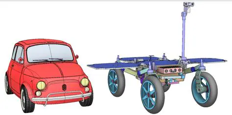 El Sample Fetch Rover solo dispondrá de cuatro a fin de reducir la masa y la complejidad. En la imagen, se puede apreciar su tamaño comparado con un Fiat 500