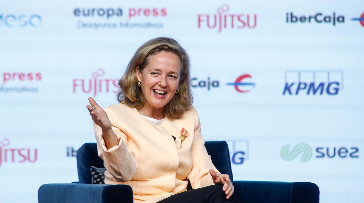 La vicepresidenta económica, Nadia Calviño, en el desayuno de Eruopa Press celebrado esta mañana