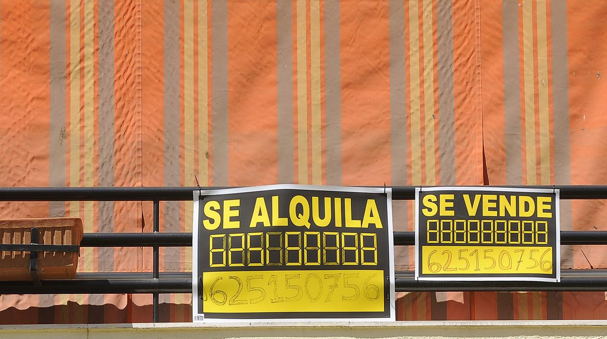 Carteles de «Se alquila» y «Se vende» en Sevilla