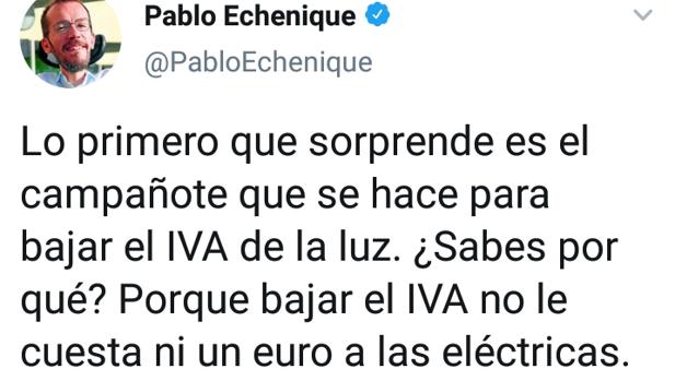 Echenique rechaza bajar el IVA de la luz y acusa a las eléctricas de «estar forrándose»