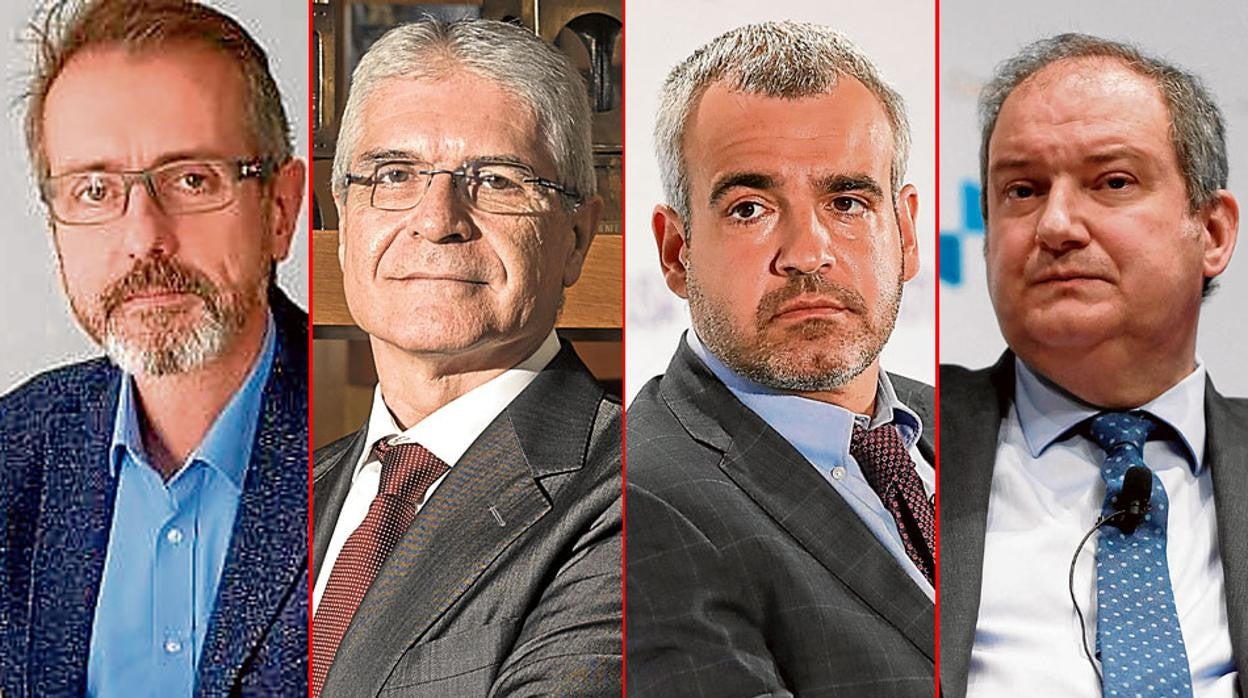 De izquierda a derecha, Marc Murtra, llamado a presidir Indra; Isaías Táboas, de Renfe; Maurici Lucena, de AENA; y Jordi Hereu, de Hispasat