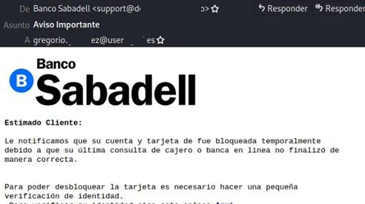 Alerta de phising que trata de suplantar al Banco Sabadell
