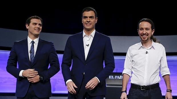 Albert Rivera, Pedro Sánchez y Pablo Iglesias, en el debate del pasado lunes