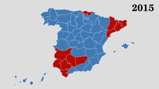 En rojo, provincias donde el PSOE superó al PP; en azul, al contrario