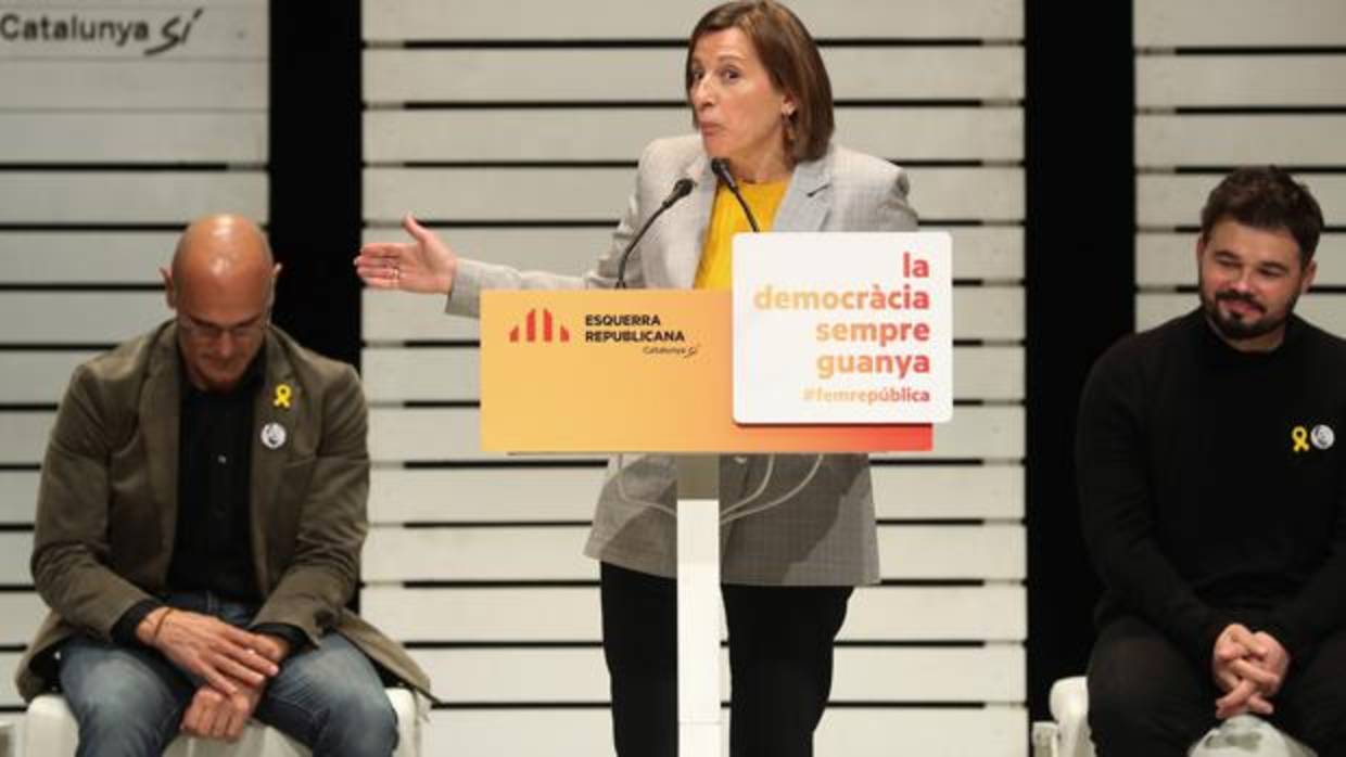 Romeva, Forcadell y Rufián, en el acto de ERC celebrado en Sabadell