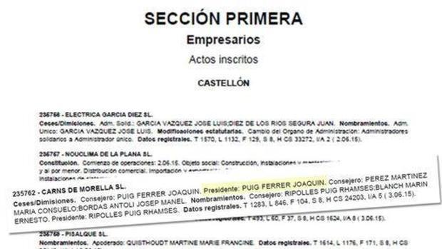 Imagen del BORME que revela que Puig presidió legalmente Carns de Morella hasta el pasado mes de junio, cuando ya se habían celebrado las elecciones