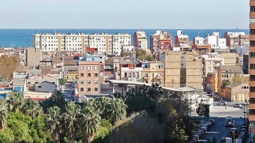 Vista aérea del Cabanyal tomada desde el final de la avenida Blasco Ibáñez de Valencia