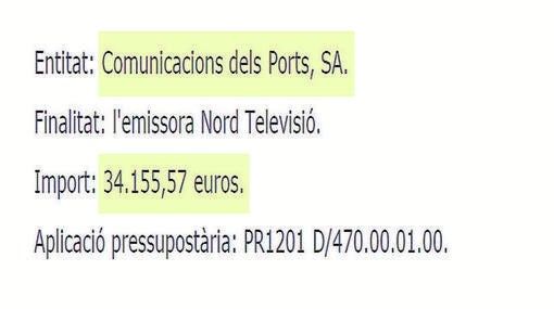 Detalle de una de las subvenciones concedidas a Comunicacions del Ports por la Generalitat de Cataluña