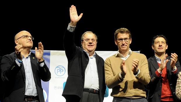 Herrera y Feijoo, durante el mitin de este miércoles en Orense