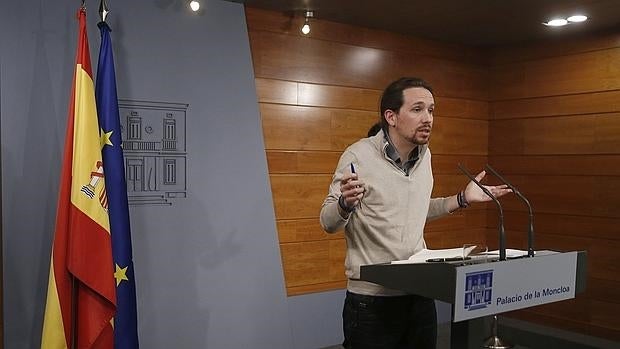 Pablo Iglesias durante la rueda de prensa ofrecida al término de la reunión con Mariano Rajoy