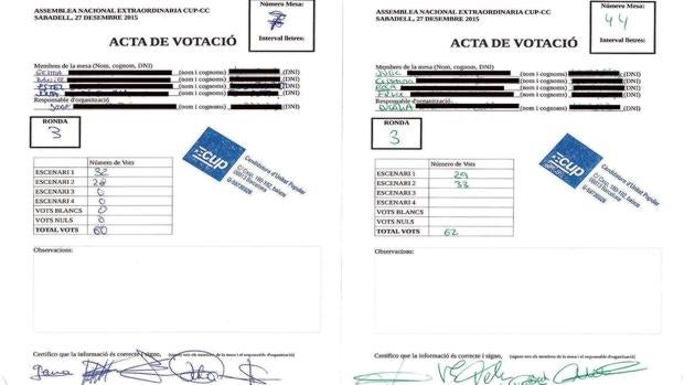 Las dos actas de votación que ha difundido la CUP