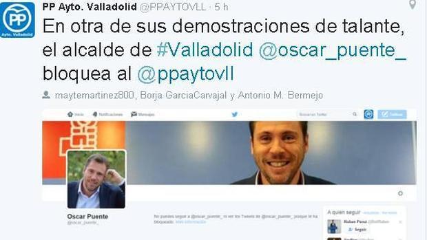 Tweet del grupo municipal popular acusando a Óscar Puente de bloquearles