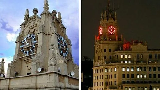 A la izquierda, imagen de los led azules del reloj de Telefónica en la Gran Vía. A la derecha, antiguo neón rojo