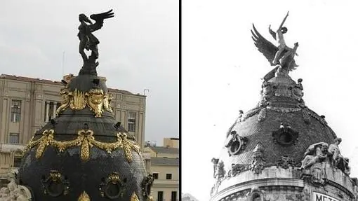 A la izquierda, la «Victoria Alada» que culmina el Edificio Metrópolis desde 1977. A la derecha, la antigua estatua de «La Unión y El Fénix»