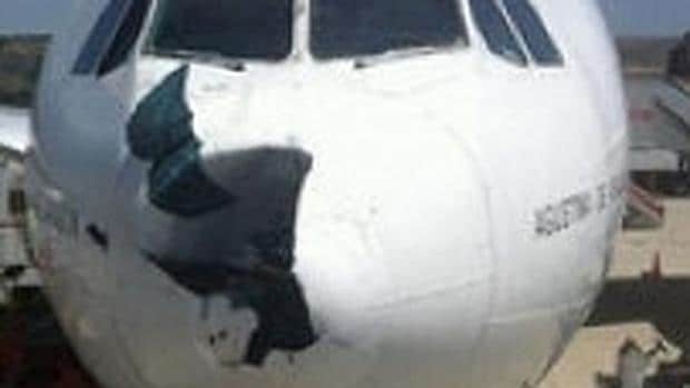 El fuselaje del airbus, totalmente destrozado por la colisión con el ave