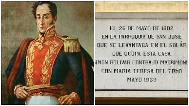 Retrato de Simón Bolívar y placa conmemorativa de la boda del militar en Madrid