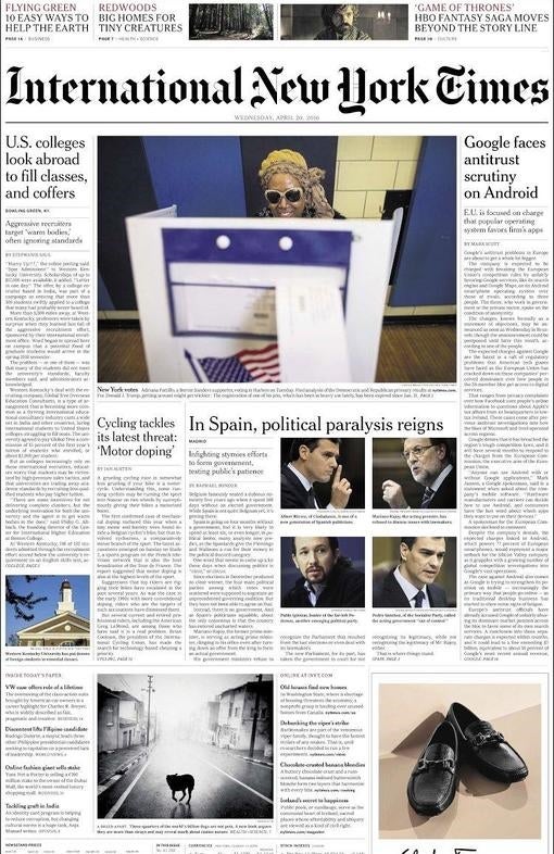 Portada internacional de «New York Times» del 20 de abril de 2014