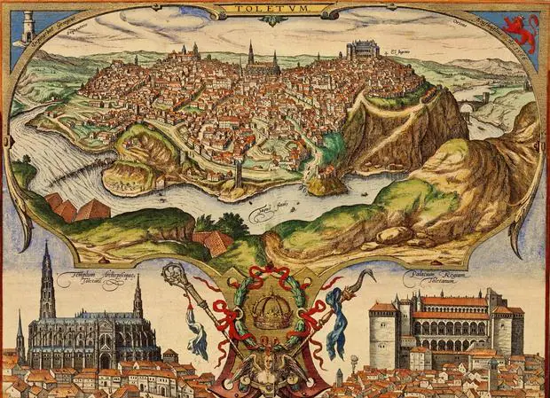 Grabado de Toledo en el siglo XVI, realizado sobre dibujo de Joris Hoefnagel, época en que la ciudad acogió una destacada colonia francesa