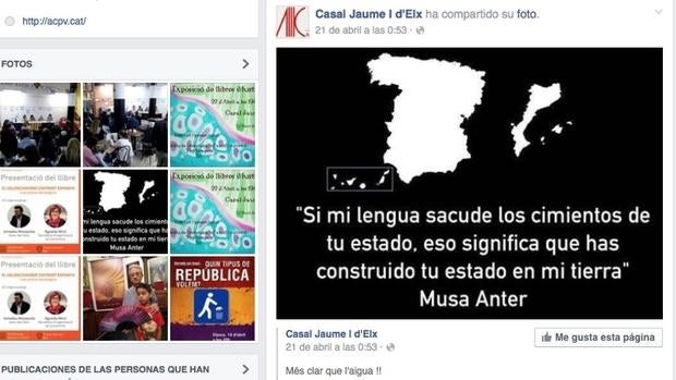 La ilustración del mapa de España desmembrado que está colagada en el Facebook de ACPV-Casal Jaume I d'Elx