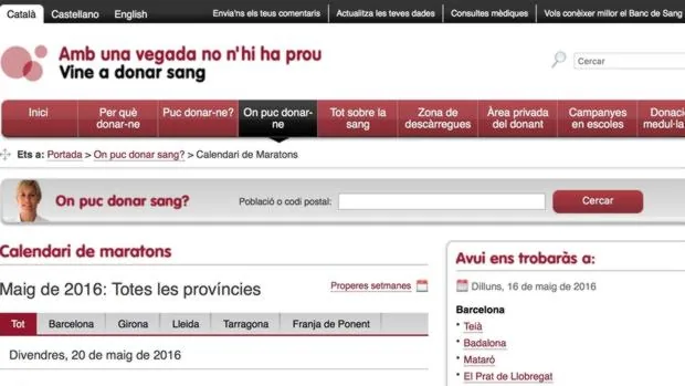 Web de la Generalitat sobre campañas de donaciones de sangre en las que el Aragón oriental («Franja de Ponent»), aparece citada como una provincia más de Cataluña