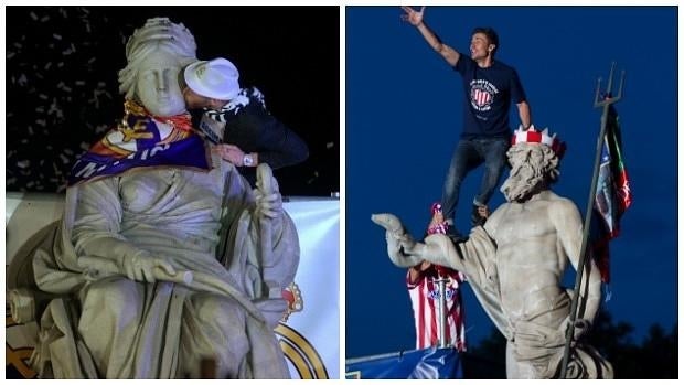 A la izquierda, la Cibeles durante una celebración del Real Madrid; a la derecha, Neptuno en una fiesta del Atlético