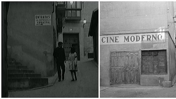 Calle de la Sinagoga en la película El Buen Amor (1963) y con el Cine Moderno ya cerrado en 1975 (Foto Rafael del Cerro).