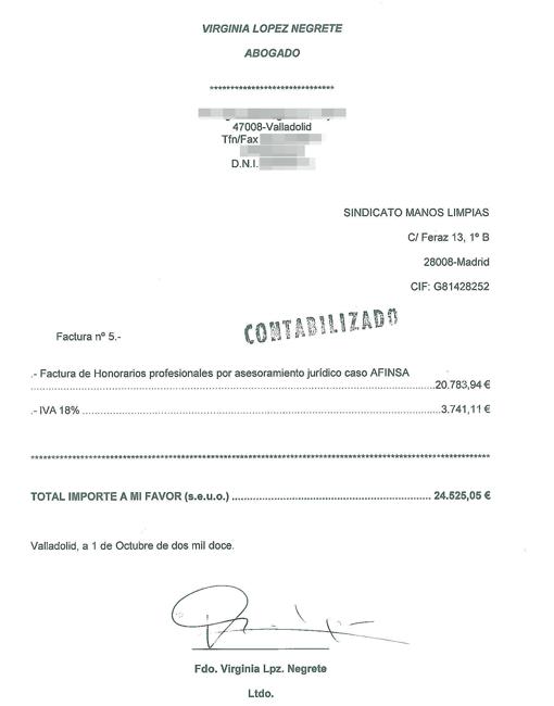 Negrete presenta una «factura falsa» para justificar su apropiación indebida de fondos de Manos Limpias