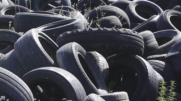 Neumáticos recogidos en un almacén temporal antes de ser reciclados o eliminados de forma controlada