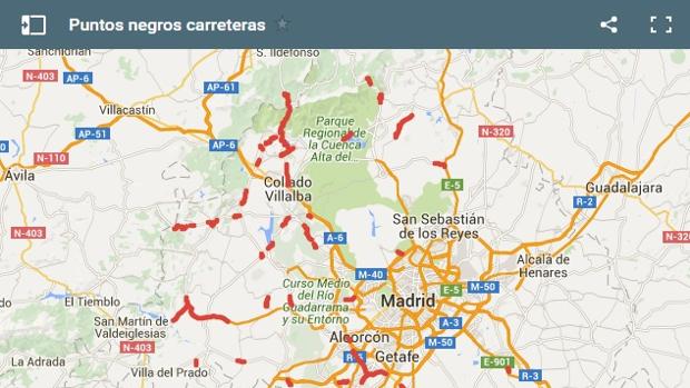 Los 44 puntos negros de las carreteras de la Comunidad de Madrid