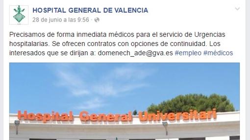 Captura de la publicación en Facebook del Hospital General