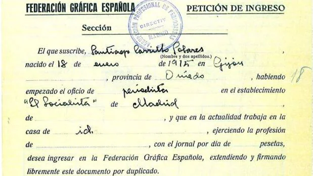 Petición de ingreso de Santiago Carrillo en la Federación Gráfica Española