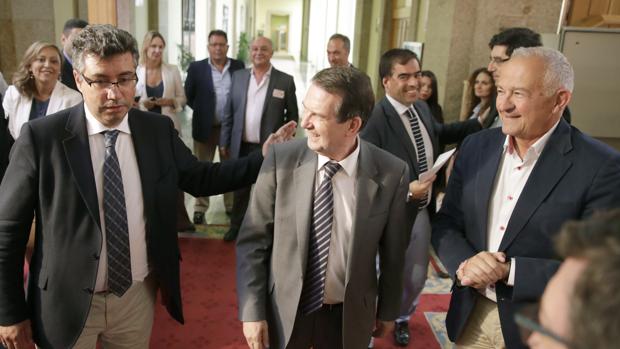 El alcalde de Vigo, Abel Caballero (c), junto a alcaldes del la zona y diputados, tras el debate sobre la Ley del Área Metropolitana de Vigo, esta mañana en los pasillos del Parlamento