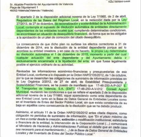 Hacienda niega que haya pedido a Valencia el cierre de la EMT: «El requerimiento es de información»