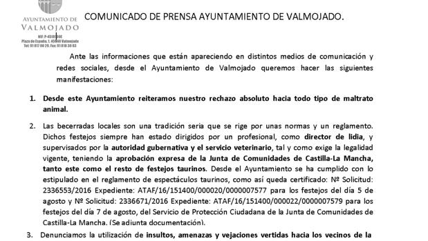 Valmojado denuncia la «manipulación» del vídeo sobre una becerrada difundido por Pacma