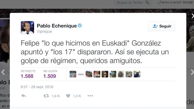 Comentario colgado por el número tres de Podemos en su cuenta de Twitter