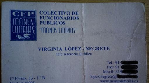 Tarjeta de visita de la abogada Virginia López