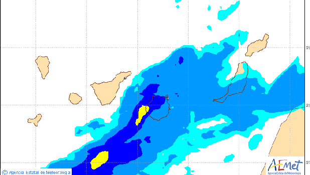 Modelo numérico de Aemet en Canarias donde la zona azul debería ser lluvia