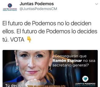 Cifuentes reprocha a Espinar que la utilice en Twitter como reclamo para liderar Podemos