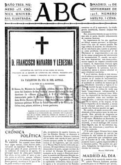 Notificación de la muerte de Navarro Ledesma en ABC (22 de septiembre de 1905)