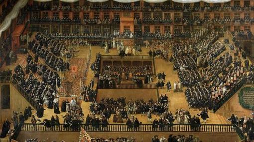 Auto de fe celebrado en la Plaza Mayor en 1680 en presencia de Carlos II. Óleo de Francisco Rizi conservado en el Museo del Prado