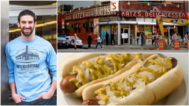A la izquierda, Jake Dell, propietario de Katz's Delicatessen. A la derecha, el local en Manhattan. Debajo su famoso «hot dog»