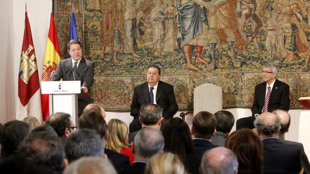 El presidente de Castilla-La Mancha, Emiliano García-Page, durante su intervención, en la toma de posesión de Joaquín Sánchez Garrido como presidente del Consejo Consultivo