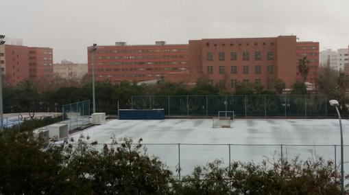 Imagen del campus de Tarongers de la Universidad de Valencia cubierto por el granizo