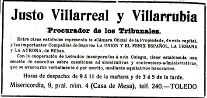 Reclamo publicitario del despacho profesional de Justo Villarreal, procurador de los Tribunales.