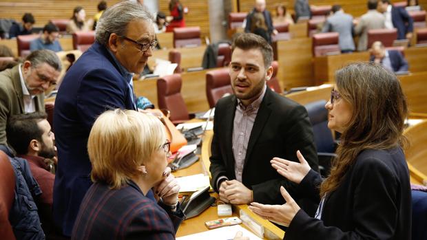 Diputados del PSPV y de Compromís, junto a la vicepresidenta del Consell, Mónica Oltra, este miércoles en las Cortes